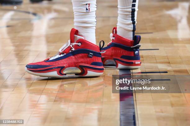 Devonte' Graham of the New Orleans Pelicans shoes on the court before the game against the Toronto Raptors on February 14, 2022 at the Smoothie King...