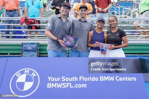 Bob Bryan , Mike Bryan , Bianca Fernandez and Leylah Fernandez pose together after an exhibition match at the ATP Delray Beach Open on February 13 at...