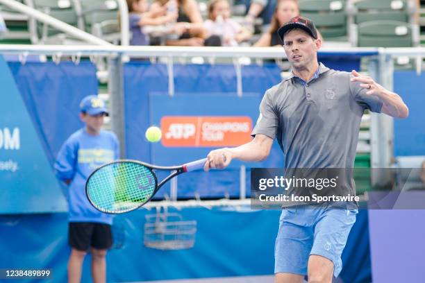 Mike Bryan competes during an exhibition match at the ATP Delray Beach Open on February 13 at the Delray Beach Stadium & Tennis Center in Delray...