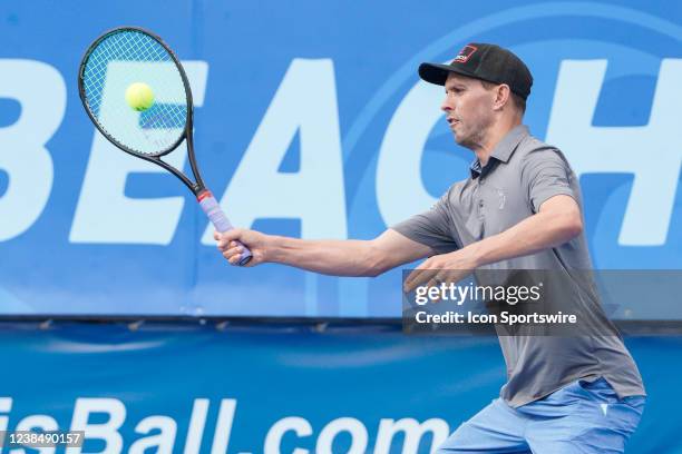 Mike Bryan competes during an exhibition match at the ATP Delray Beach Open on February 13 at the Delray Beach Stadium & Tennis Center in Delray...