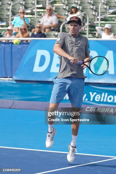 Mike Bryan competes during an exhibition match at the ATP Delray Beach Open on February 13 at the Delray Beach Stadium & Tennis Center in Delray...