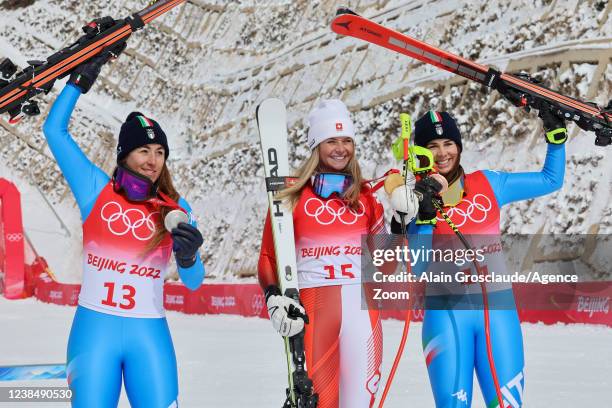 Sofia Goggia of Team Italy wins the silver medal, Corinne Suter of Team Switzerland wins the gold medal, Nadia Delago of Team Italy wins the bronze...