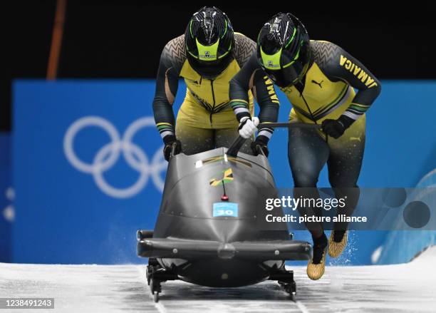 February 2022, China, Yanqing: Olympics, bobsleigh, two-man bobsleigh, men, 1st run at the National Sliding Centre, bobsleigh pilot Shanwayne...