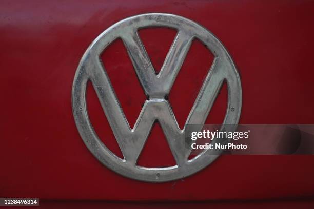 Volkswagen logo seen on Volkswagen camper. On Sunday, February 13 in Merida, Yucatan, Mexico.