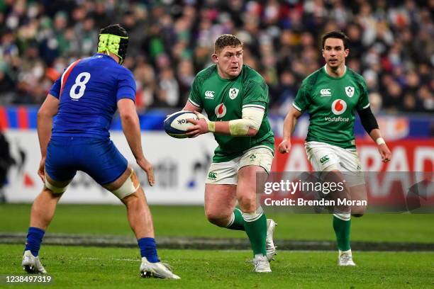 Paris , France - 12 February 2022; Tadhg Furlong of Ireland in action against Gregory Alldritt of France during the Guinness Six Nations Rugby...