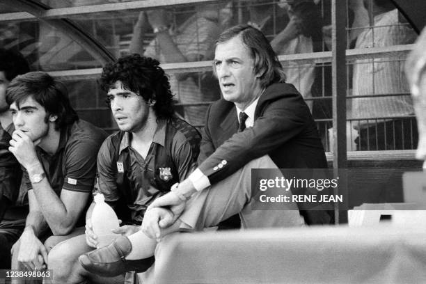 Barcelona's Diego Maradona his trainer Cesar Luis Menotti and FC Girondins de Bordeaux Alain Giresse are seen during International football...