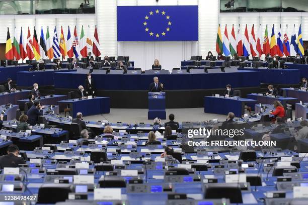 Colombian President Ivan Duque Marquez delivers a speech during a plenary session at the European Parliament in Strasbourg, eastern France, on...