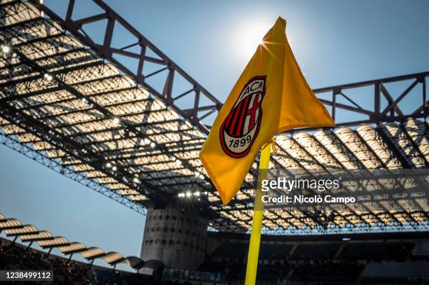 Corner flag bearing AC Milan logo crest in seen prior to the Serie A football match between AC Milan and UC Sampdoria. AC Milan won 1-0 over UC...