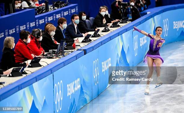 Beijing , China - 15 February 2022; Judges watch on as Kamila Valieva of ROC skates during the Women Single Skating Short Program event on day 11 of...