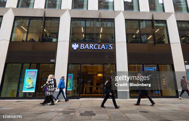 Pedestrians pass a Barclays Plc bank branch in London, U.K., on Monday, Feb. 14, 2022. European banks have largely thrived in the pandemic thanks to...