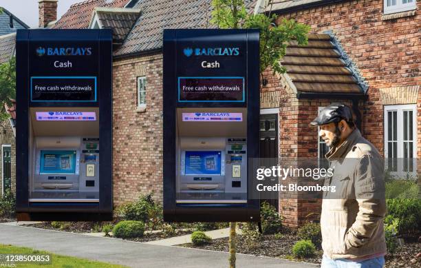 Automated teller machines outside a Barclays Plc bank branch in Southend-on-Sea, U.K., on Monday, Feb. 14, 2022. European banks have largely thrived...