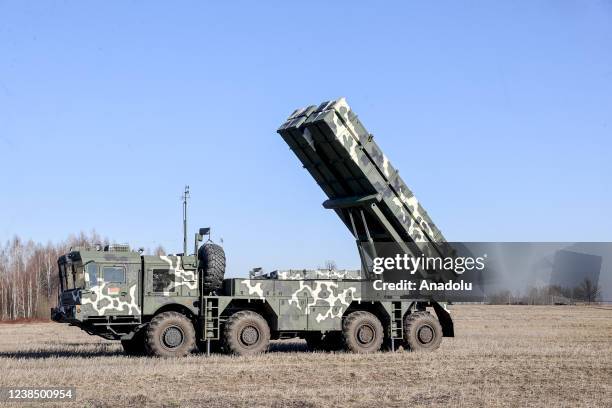 Tochka tactical ballistic missile fired during the Allied Determination-2022 military drill of Russian and Belarusian armed forces in Gomel, Belarus...