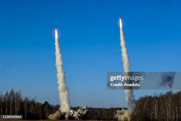Tochka tactical ballistic missile fired during the Allied Determination-2022 military drill of Russian and Belarusian armed forces in Gomel, Belarus...