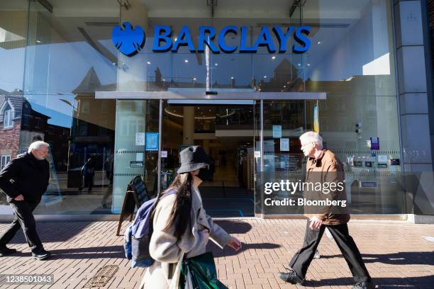 Pedestrians pass a Barclays Plc bank branch in Southend-on-Sea, U.K., on Monday, Feb. 14, 2022. European banks have largely thrived in the pandemic...