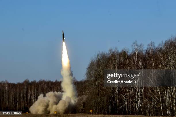 Tochka tactical ballistic missile fired during the Allied Determination-2022 military drill of Russian and Belarusian armed forces in Gomel, Belarus...