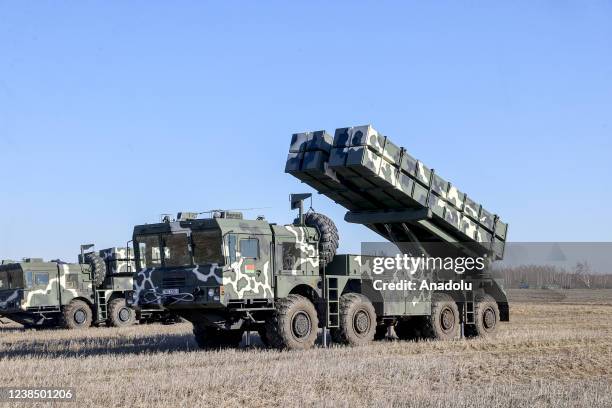 Tochka tactical ballistic missile fired during the Allied Determination-2022 military drill of Russian and Belarusian armed forces in Gomel, Belarus...