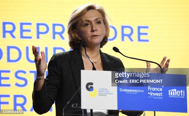 French party Les Republicains presidential candidate Valerie Pecresse participates to a debate with entrepreneurs organised by CroissancePlus, France...