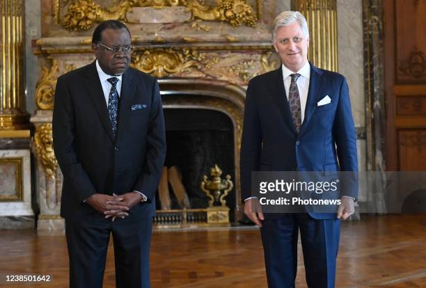 King Philippe receives in audience His Excellency Hage G. Geingob, President of the Republic of Namibia, at the Brussels Palace. Meeting pictured on...