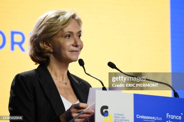 French party Les Republicains presidential candidate Valerie Pecresse smiles as she participates to a debate with entrepreneurs organised by...