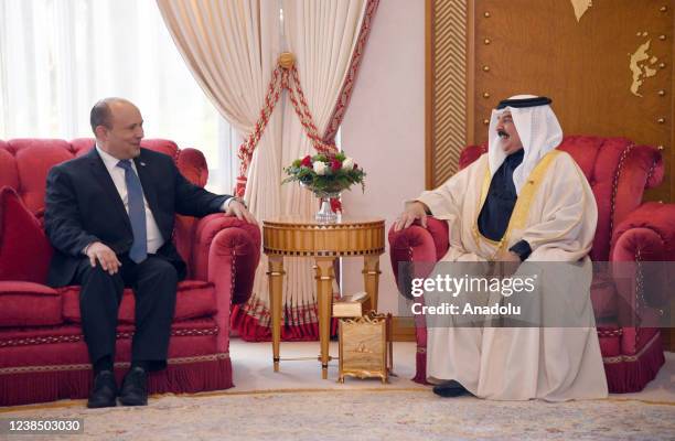 Israeli Prime Minister Naftali Bennett meets with King of Bahrain Hamad bin Isa Al Khalifa in Manama, Bahrain on February 15, 2022.