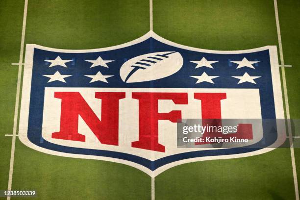 Super Bowl LVI: Aerial view of NFL logo on field before Los Angeles Rams vs Cincinnati Bengals game at SoFi Stadium. Inglewood, CA 2/13/2022 CREDIT:...