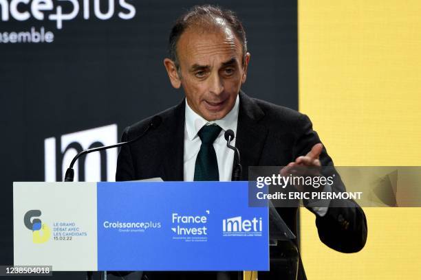 French far-right party Reconquete! presidential candidate Eric Zemmour delivers a speech during a meeting organised by French business lobbies...