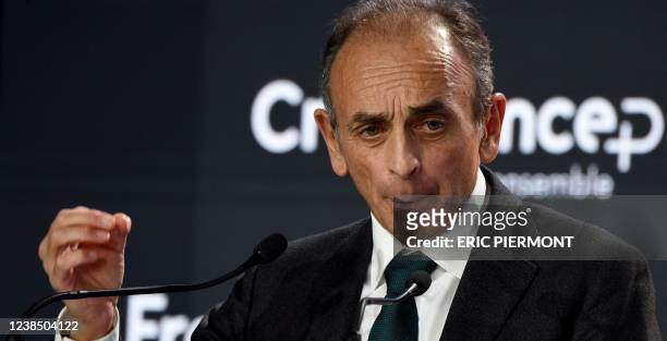 French far-right party Reconquete! presidential candidate Eric Zemmour delivers a speech during a meeting organised by French business lobbies...