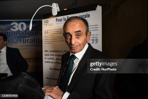 Eric Zemmour at the meeting organised by the Rurality Movement at the l'Embassy d'Auvergne restaurant, in Paris, on 15 February, 2022.