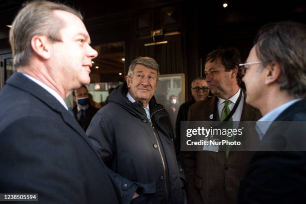 From left to right, Jerome Riviere, MEP and spokesperson for Zemmour's election campaign, Philippe De Villiers, and Yves D'Amecourt, at the meeting...