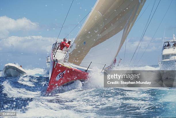 ROUGH SEAS AND BEAUTIFUL WEATHER GREET WINSTON AS SHE SPEEDS AWAY FROM FREMANTLE, AUSTRALIA AT THE START OF LEG THREE IN THE WHITBREAD ROUND THE...