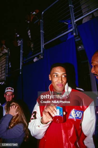 Scottie Pippen waits to enter the court as the NBA celebrates the naming of the 50 greatest players during NBA All-Star weekend on February 7, 1997...