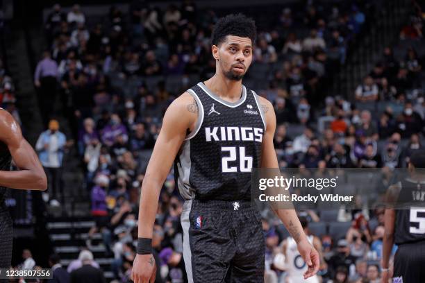 Jeremy Lamb of the Sacramento Kings looks on during the game against the Minnesota Timberwolves on February 9, 2022 at Golden 1 Center in Sacramento,...