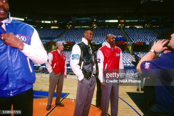 Behind the scenes view of David Robinson and Moses Malone as the NBA celebrates the naming of the 50 greatest players during NBA All-Star weekend on...