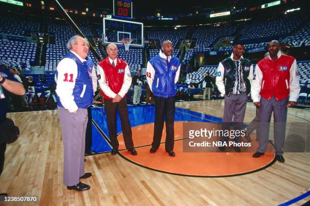 Behind the scenes view of Paul Arizin,Nate Thurmond, David Robinson and Moses Malone as the NBA celebrates the naming of the 50 greatest players...