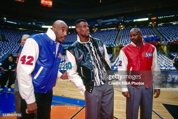 Behind the scenes view of Nate Thurmond, David Robinson and Moses Malone as the NBA celebrates the naming of the 50 greatest players during NBA...