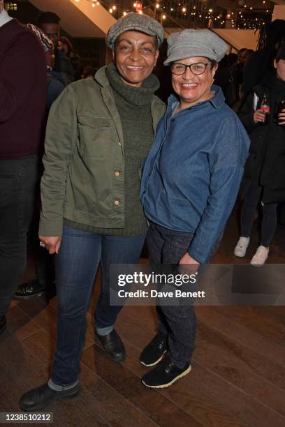 Adjoa Andoh and Jackie Kay attend the press night performance of "Running With Lions" at The Lyric Hammersmith on February 15, 2022 in London,...