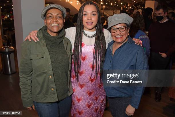 Adjoa Andoh, Ruby Barker and Jackie Kay attend the press night performance of "Running With Lions" at The Lyric Hammersmith on February 15, 2022 in...