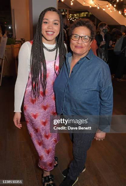 Ruby Barker and Jackie Kay attend the press night performance of "Running With Lions" at The Lyric Hammersmith on February 15, 2022 in London,...