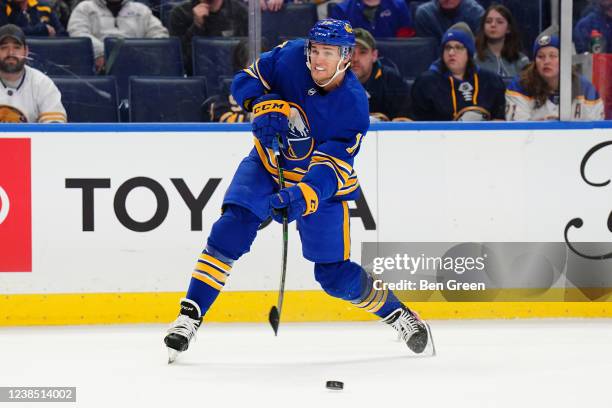 Mark Jankowski of the Buffalo Sabres shoots against the New York Islanders during the second period in an NHL game on February 15, 2022 at KeyBank...