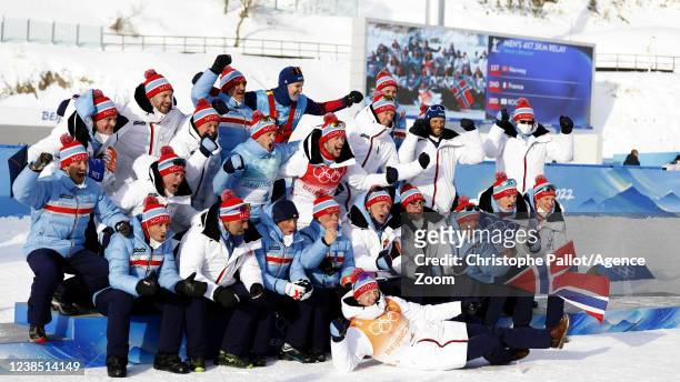 Norway Team of Team Norway celebrates during the Olympic Games 2022, Men's Biathlon Relay on February 15, 2022 in Zhangjiakou China.