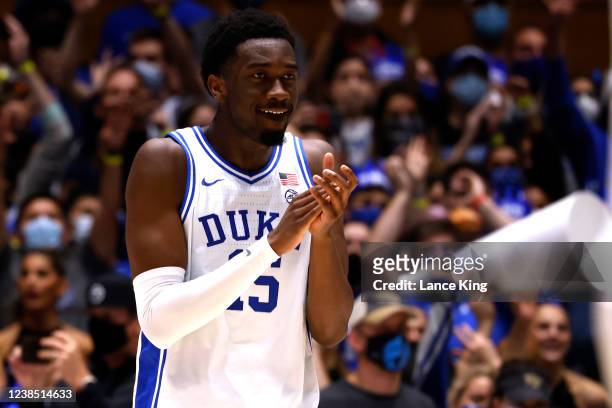 Mark Williams of the Duke Blue Devils reacts near the end of their game against the Wake Forest Demon Deacons at Cameron Indoor Stadium on February...