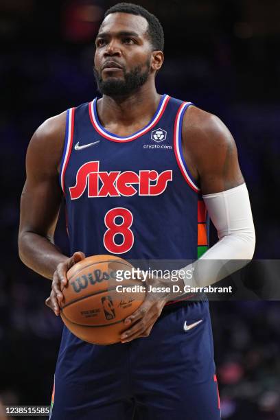 Paul Millsap of the Philadelphia 76ers shoots a free throw during a game against the Boston Celtics on February 15, 2022 at Wells Fargo Center in...