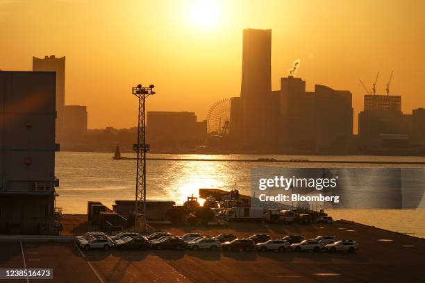 Subaru Corp. Vehicles bound for shipment parked at a port in Yokohama, Japan, on Monday, Feb. 14, 2022. Japan is scheduled to release trade balance...