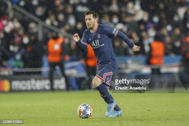 Messi of PSG in action during the first leg of the Champions Leagueâs Round of 16 soccer match between Paris Saint-Germain and Real Madrid at Parc...