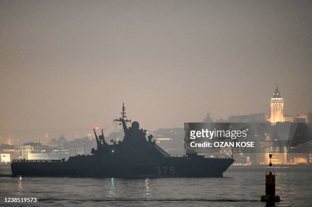 Russian Navy's Project 22160 Patrol Vessel Dmitriy Rogachev 375 sails through the Bosphorus Strait on the way to the Black Sea past the city Istanbul...