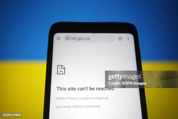 In this photo illustration, a This site can't be reached message is seen on Ministry of Defence of Ukraine official webpage displayed on a smartphone...