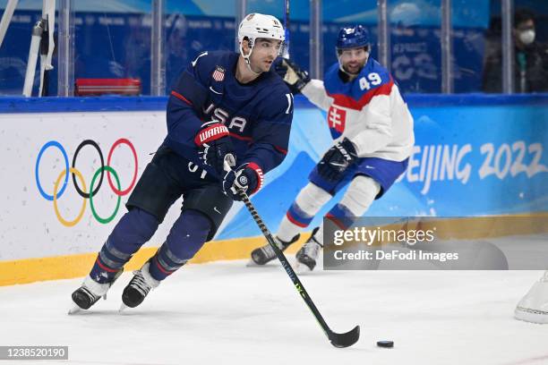 Kenny Agostino of USA in action at the men's ice hockey playoff qualifications match between USA and Slowakia during the Beijing 2022 Winter Olympics...