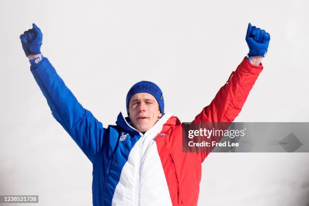 Gold medalist Clement Noel of Team France poses during the Men's Slalom medal ceremony on day 12 of the Beijing 2022 Winter Olympic Games at National...