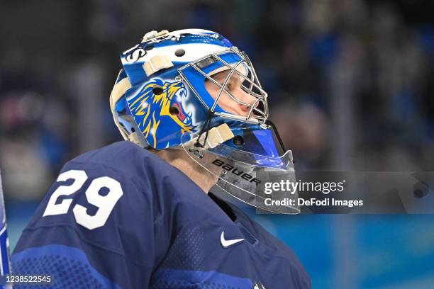 Harri Sateri of Finland looks on at the men's ice hockey playoff qualifications match between Finland and Switzerland during the Beijing 2022 Winter...