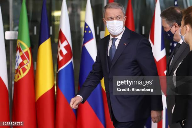 Hulusi Akar, Turkey's defense minister, left, at the North Atlantic Treaty Organization Defense Summit at the NATO headquarters in Brussels, Belgium,...